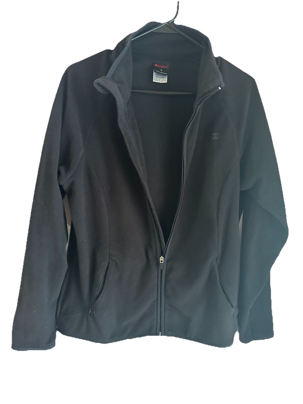 Champion Fleece Jacket Womens L Black Zipup Pockets Finger Slot Embroidered Logo